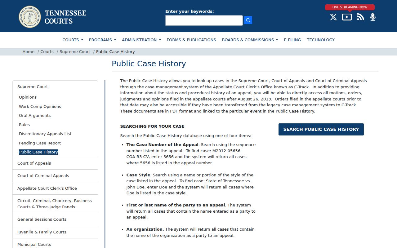 Spring Hill resident lookup route on the Tennessee appellate public case-history page