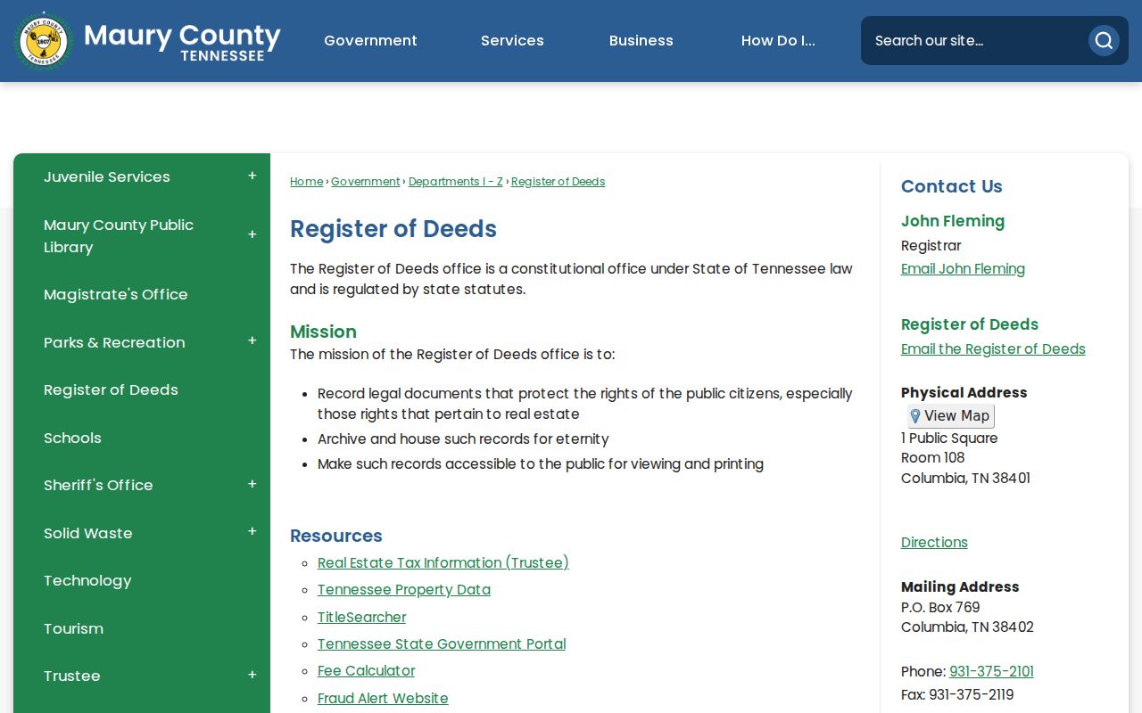 Spring Hill residents directory Maury County deed office