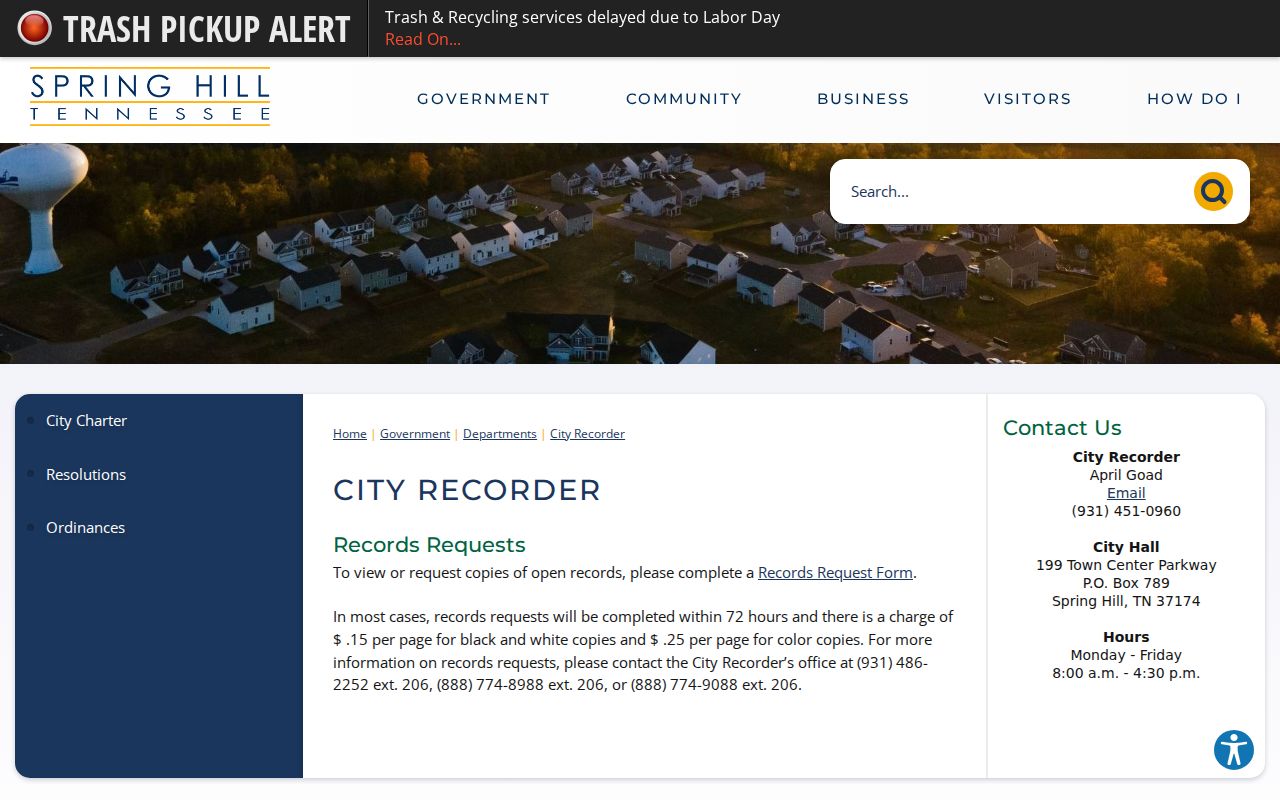 Spring Hill residents directory City Recorder records request entry